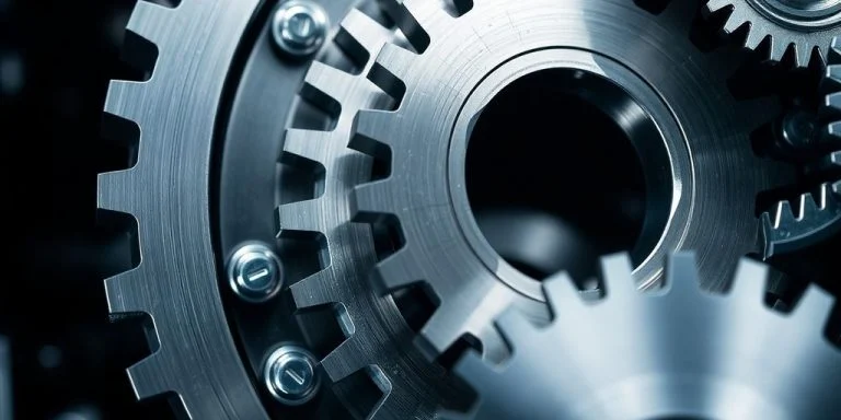 Gears and circuits representing manufacturing blockchain technology.