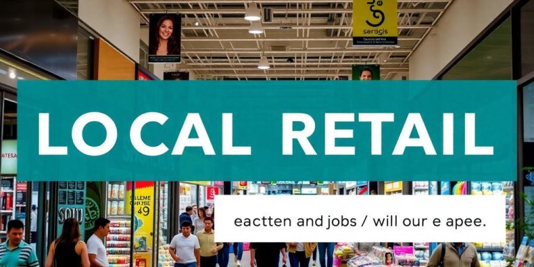 Vibrant retail scene with diverse stores and shoppers.