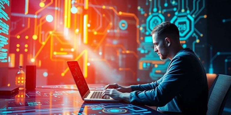 Futuristic workspace with a blockchain developer and digital elements.