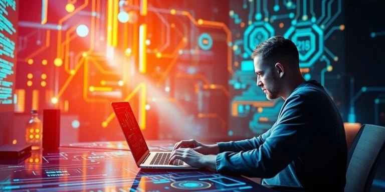 Futuristic workspace with a blockchain developer and digital elements.