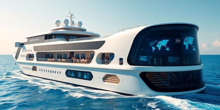 Futuristic cruise ship with advanced technology and happy guests.