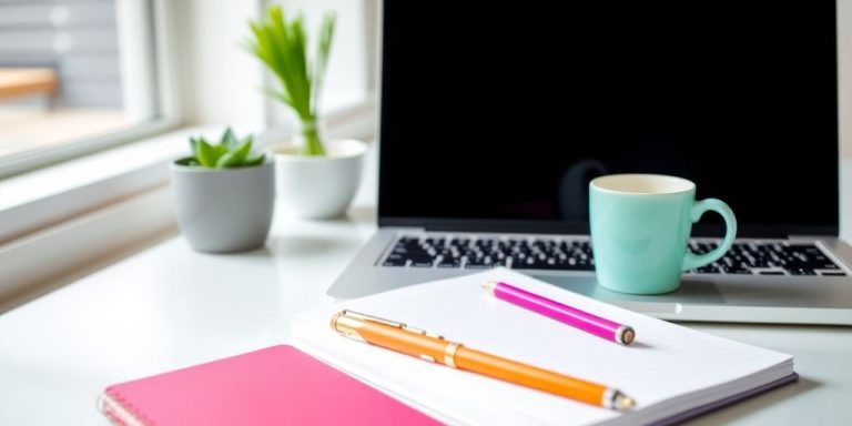 Modern workspace with laptop and notebook for writing.