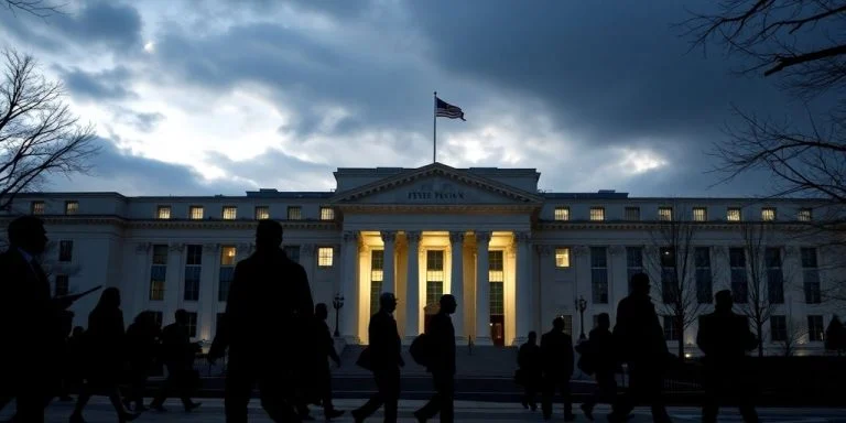 Pentagon with silhouettes of personnel leaving urgently.