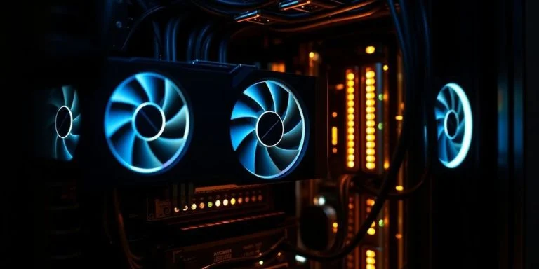 Close-up of a cryptocurrency mining rig in action.
