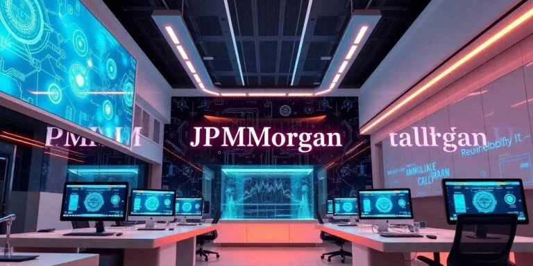 Futuristic bank office with quantum computing technology elements.
