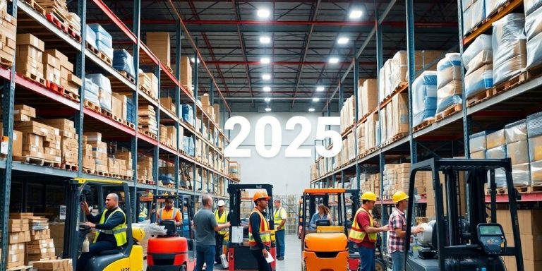 Diverse warehouse workers engaged in energetic tasks.