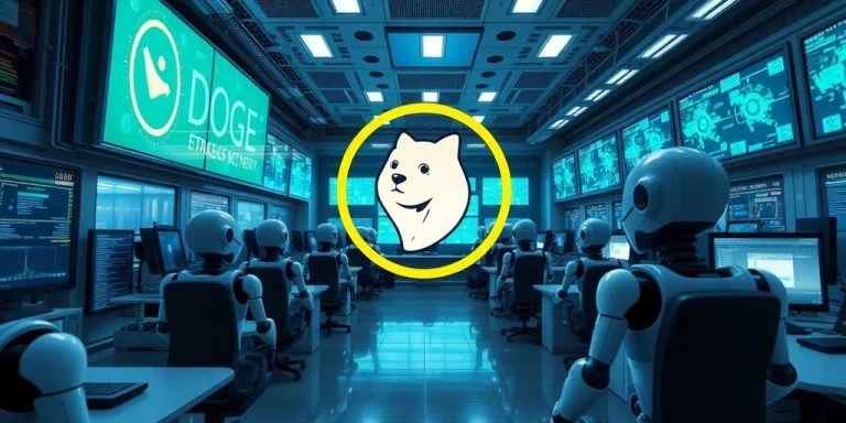 Futuristic office with robots and prominent Dogecoin symbol.