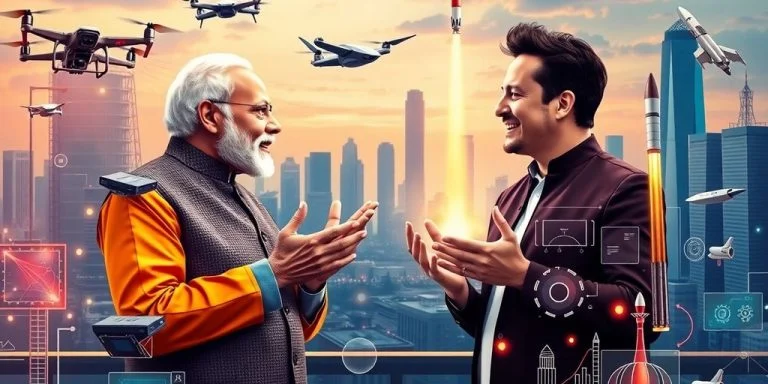 Modi and Musk discussing technology collaboration amidst futuristic elements.