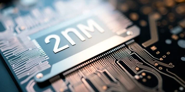 Futuristic 2nm chip with intricate circuit patterns.