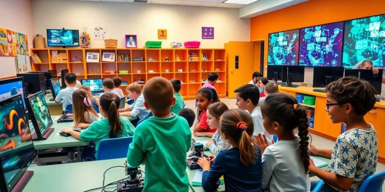 Students using technology in a modern classroom setting.