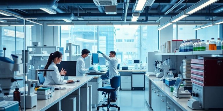 Scientists collaborating in a modern pharmaceutical lab.