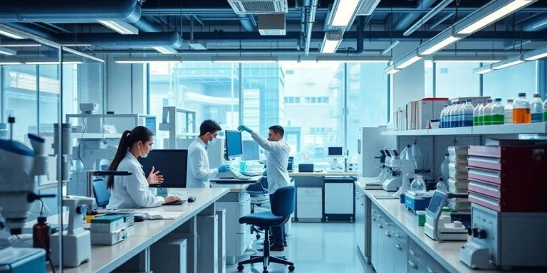 Scientists collaborating in a modern pharmaceutical lab.