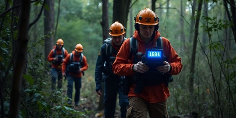 Rescue team with heat-seeking technology in woods.