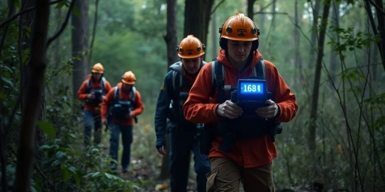 Rescue team with heat-seeking technology in woods.