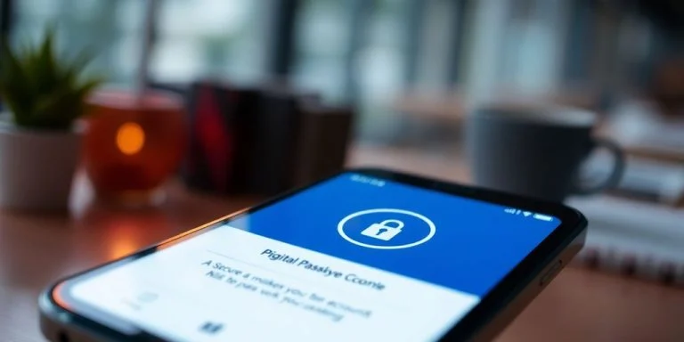 Smartphone displaying a digital passkey interface in a workspace.