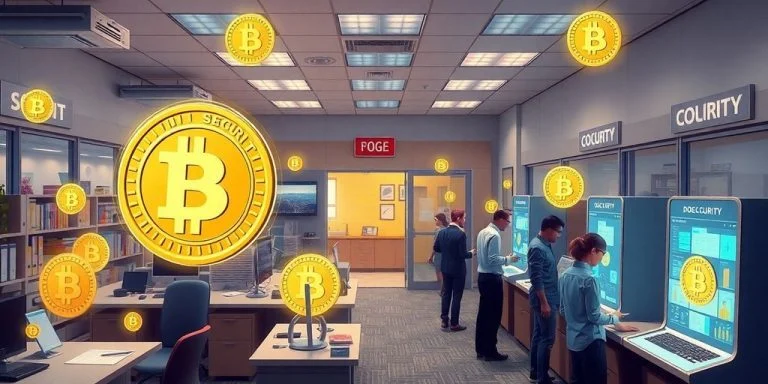 Futuristic Social Security office with DOGE coin imagery.