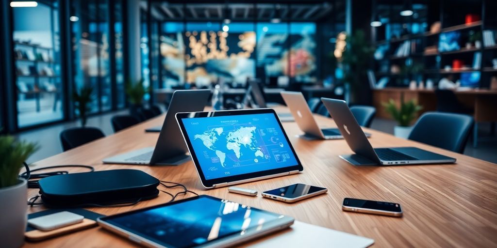 Modern technology in a workspace with laptops and devices.