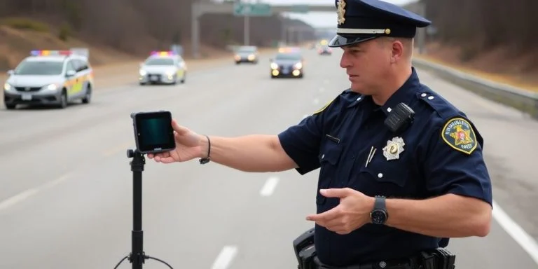 Massachusetts State Police officer with new road safety technology.