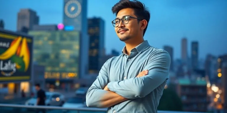Confident entrepreneur in urban setting, ready to innovate.