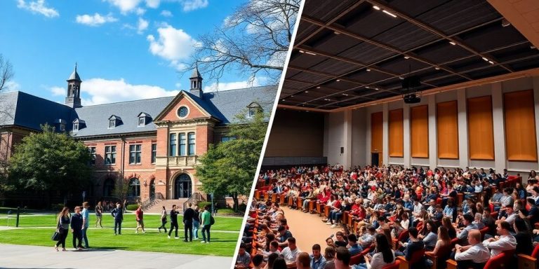Students on a college campus and a university lecture hall.