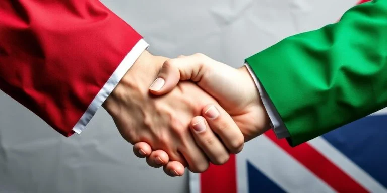 Italian and British flags in a tense handshake image.