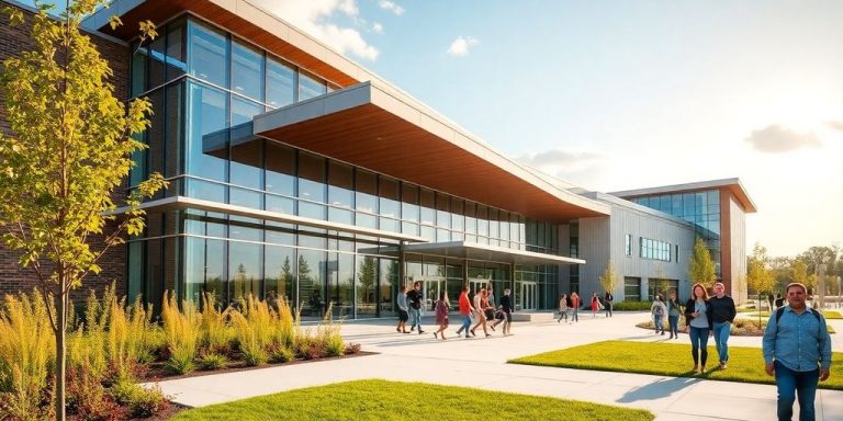 Exterior view of Kent's new technology center with greenery.