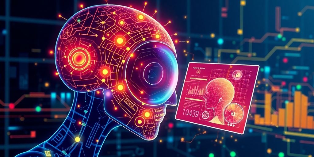 Futuristic AI analyzing images with vibrant colors and patterns.