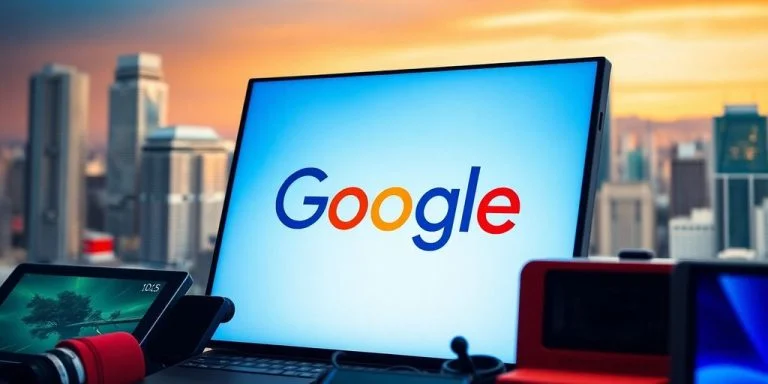 Google logo on digital advertising display in urban setting.