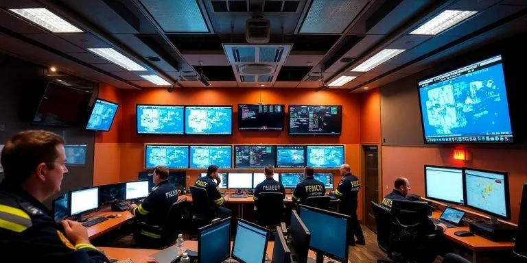 Emergency responders using advanced technology in response center.