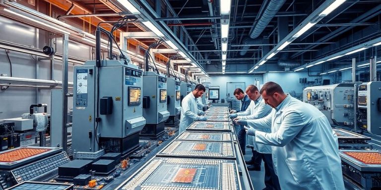Engineers working with advanced semiconductor technology in a lab.