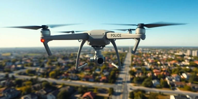 Police drone flying over a city for public safety.