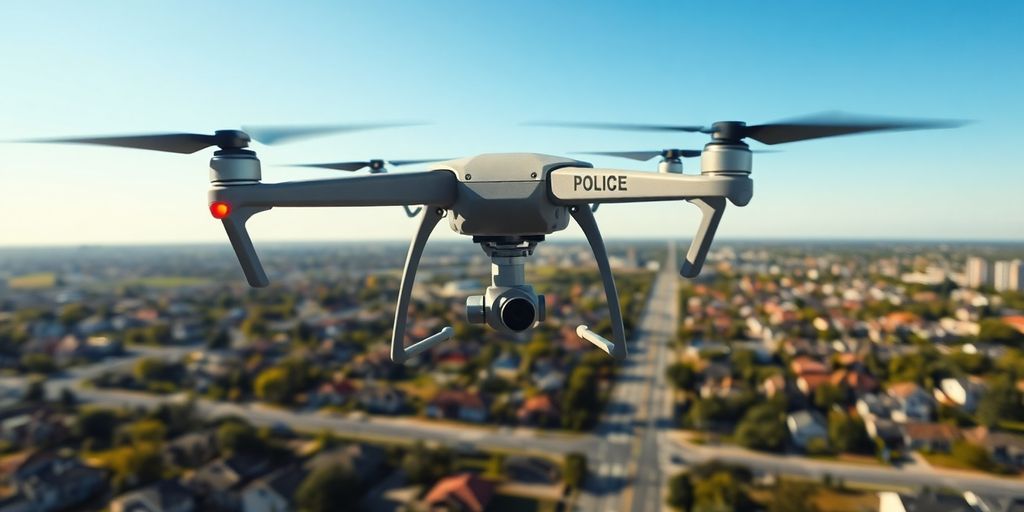 Police drone flying over a city for public safety.