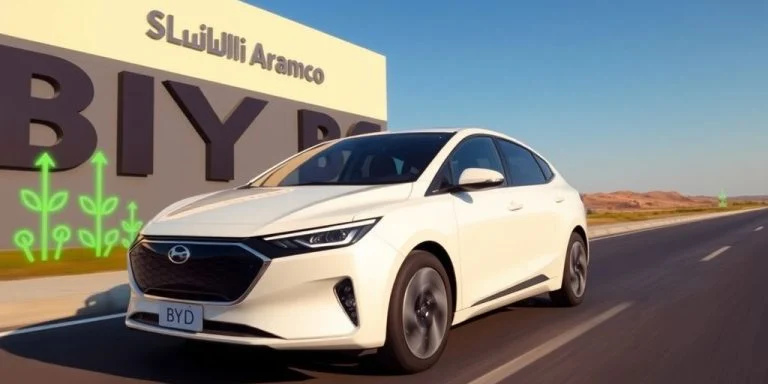 Electric vehicle and Saudi Aramco logo in partnership.