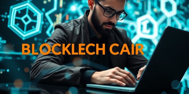 Blockchain developer focused on laptop with digital technology elements.