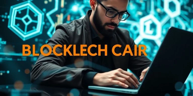 Blockchain developer focused on laptop with digital technology elements.