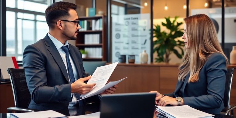 A blockchain lawyer consulting clients in a modern office.