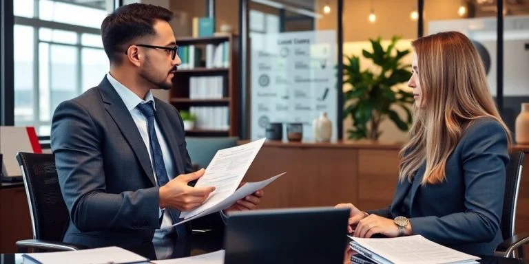 A blockchain lawyer consulting clients in a modern office.