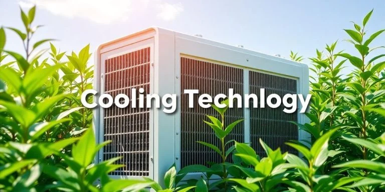 Innovative cooling technology device surrounded by greenery and blue sky.