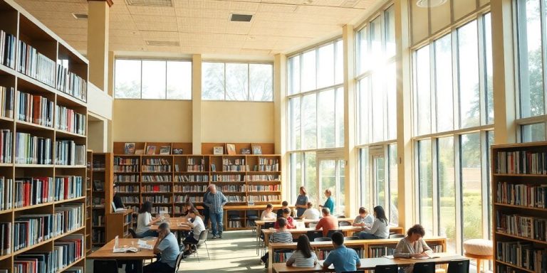 Cozy library with bookshelves and readers enjoying space.