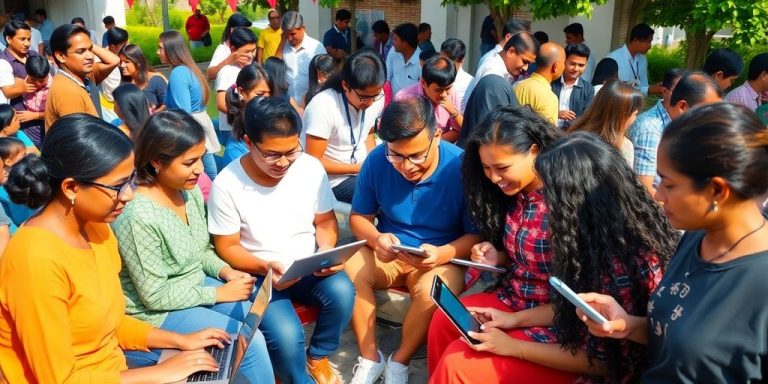Diverse people engaging with technology in a lively community.