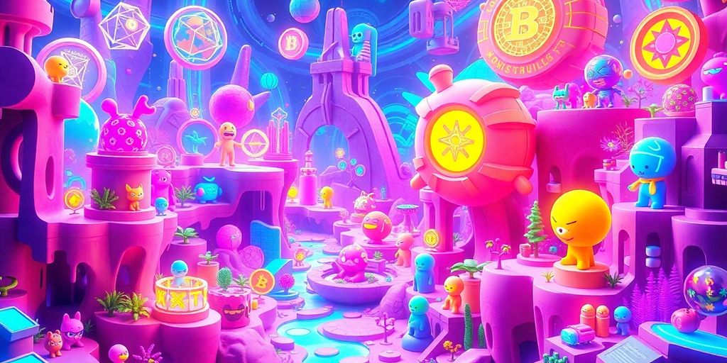 Futuristic digital landscape filled with colorful NFTs and blockchain.