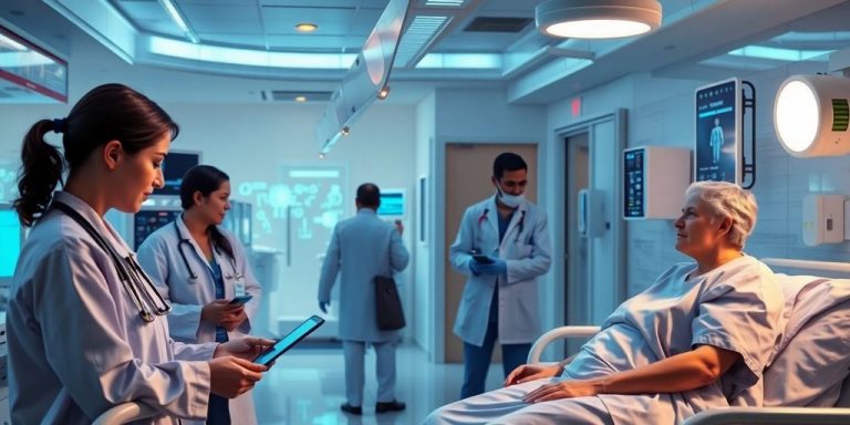 Futuristic hospital with advanced medical technology and care.