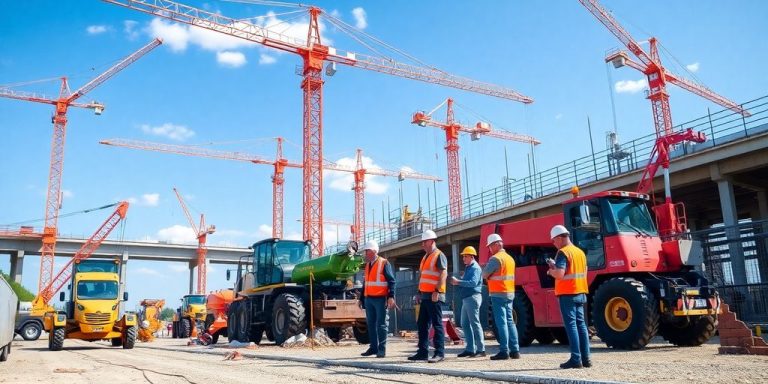 Construction site with machinery and workers collaborating on infrastructure.