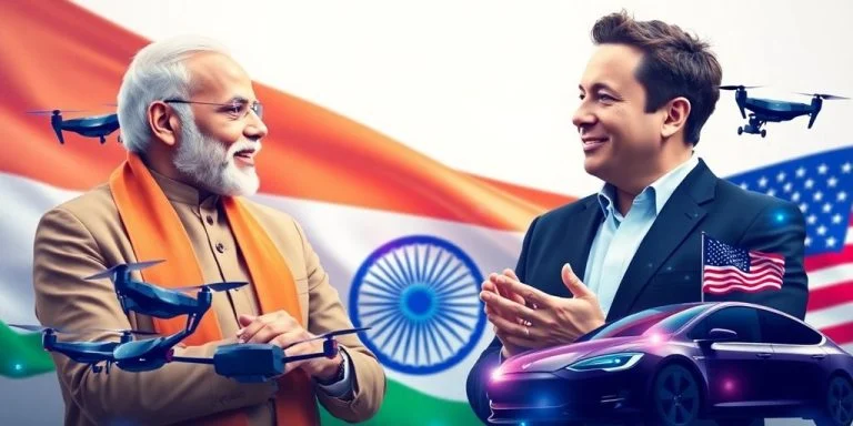 Modi and Musk discussing technology collaboration and innovation.