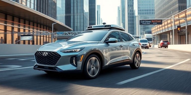 Autonomous Hyundai vehicle in a futuristic city setting.