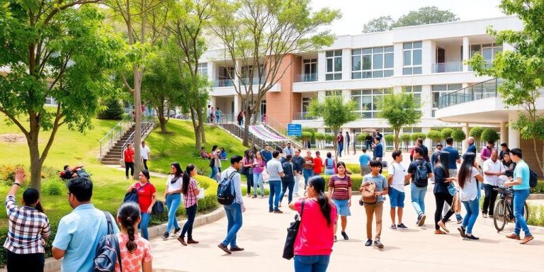 Students enjoying a sunny day at a community college campus.