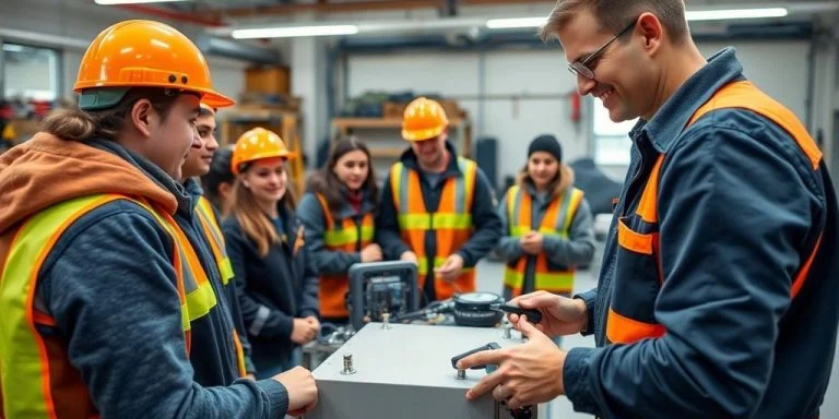 Trainer instructing students on mobile electrification equipment.