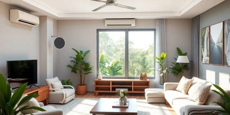 Modern living room with energy-efficient cooling technology.