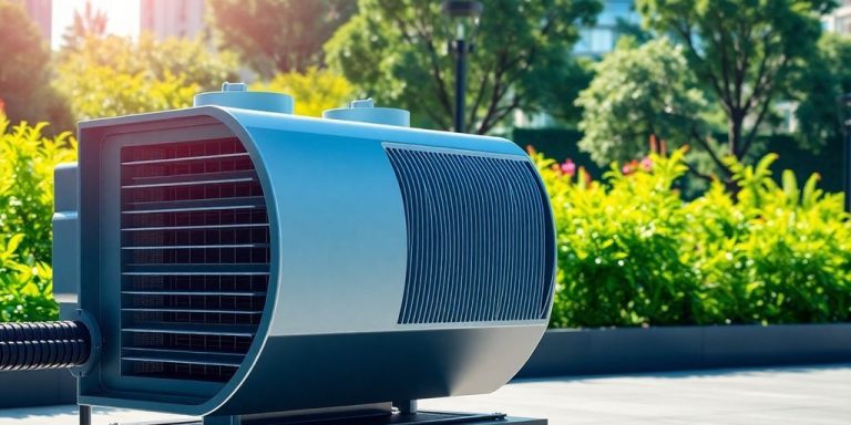 Modern cooling technology in a green urban environment.