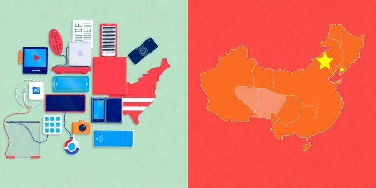 Tech devices and US-China map reflecting trade tensions.